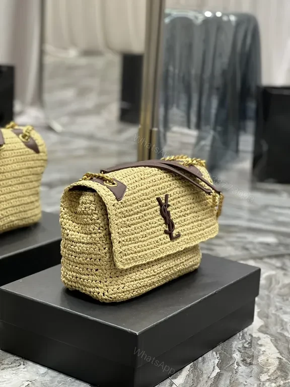 View 3 of Neutral Raffia Chain Bag: YSL-Emblem Luxe Crossbody Bag