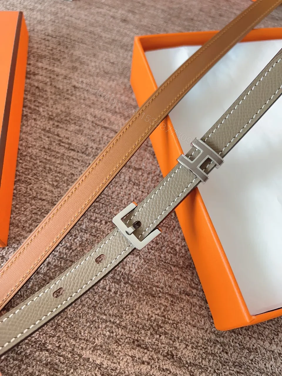 View 7 of Taupe Leather Belt - Slim, Minimalist, Durable, Quiet Luxury Belt