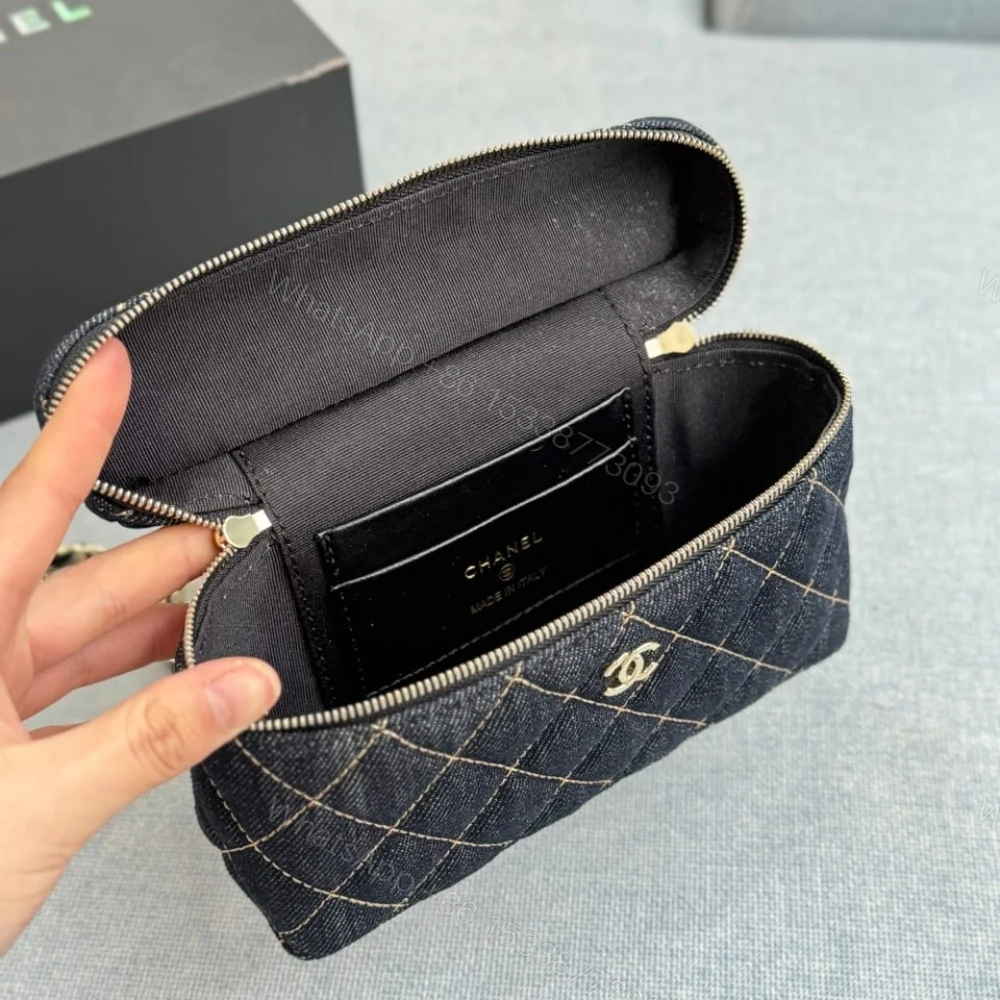 View 6 of Chanel Classic Vanity with Chain Gold Metal Denim Dark Blue 19cm