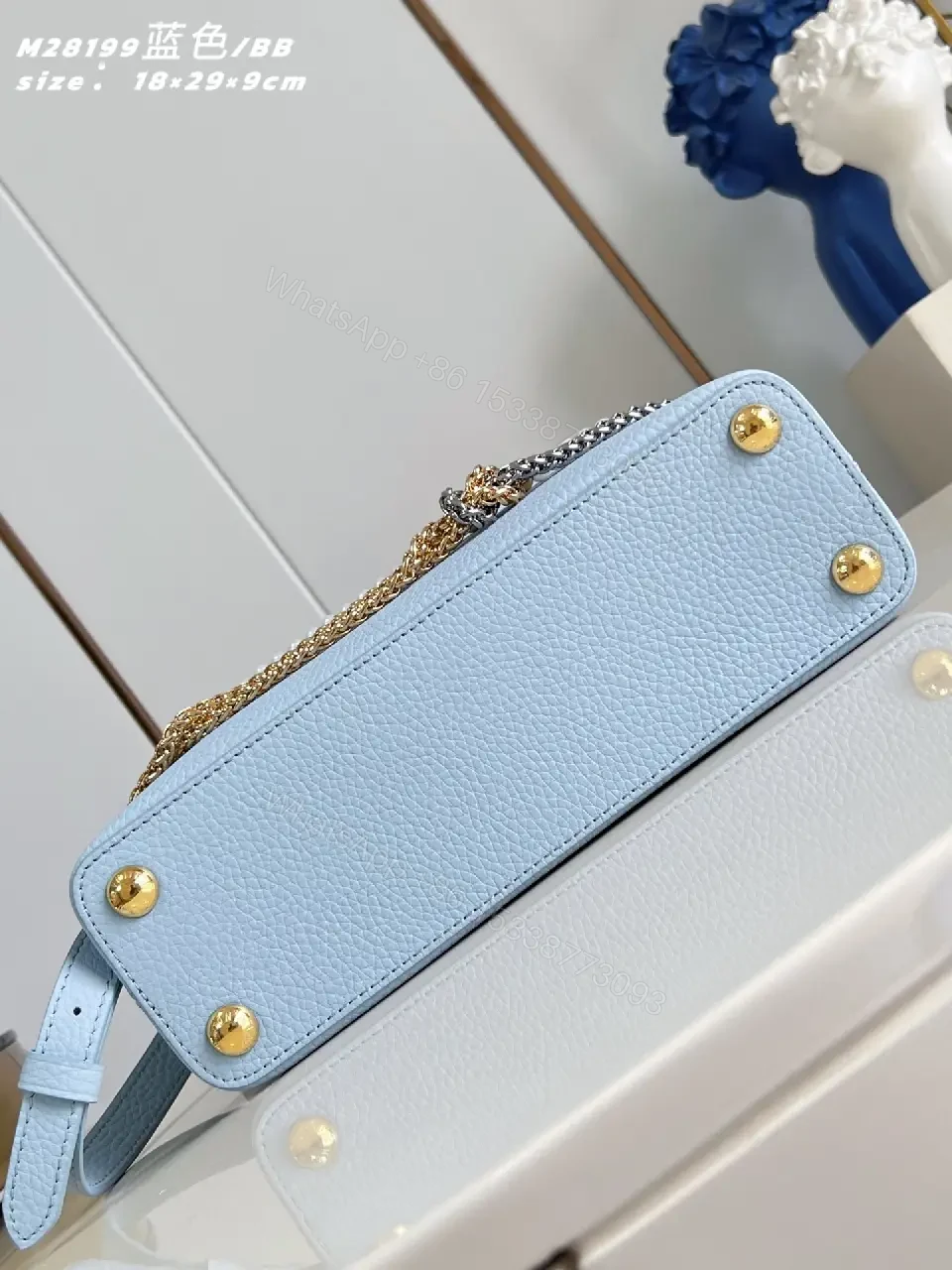 View 4 of Soft Blue Pebbled Leather Satchel with Pearl Chain Accent