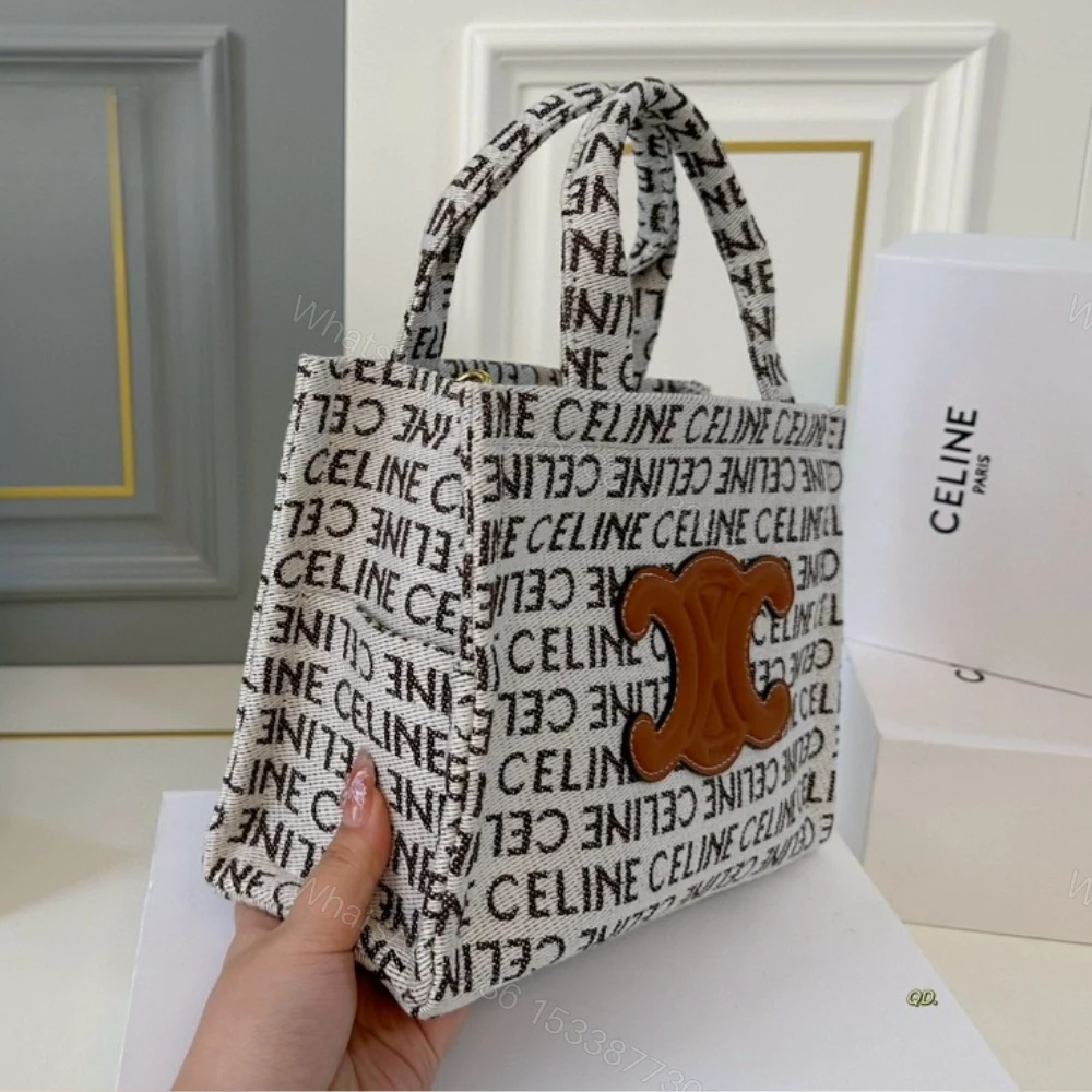 View 3 of CELINE SMALL CABAS THAIS IN TEXTILE WITH CELINE ALL OVER WHITE 26CM