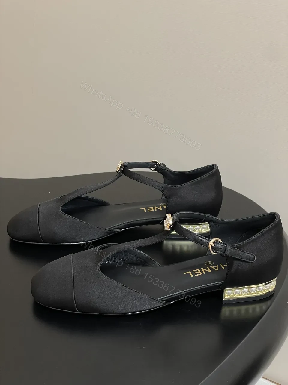 View 2 of Black Satin T-Strap Flats - Luxury-Inspired Comfort, Modern Elegance