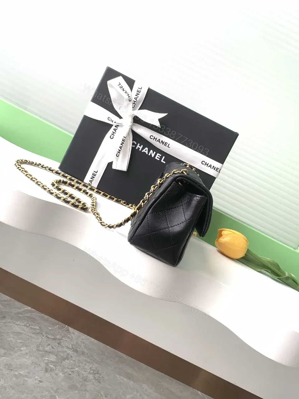 View 6 of Quilted Black Leather Crossbody, Gold Hardware, Luxury