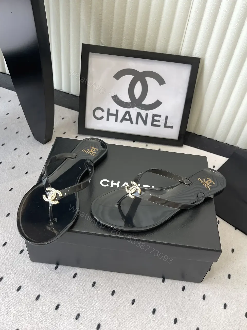 View 3 of Black Leather Plastic Sandals Classic Gold Chanel Logo Sandals
