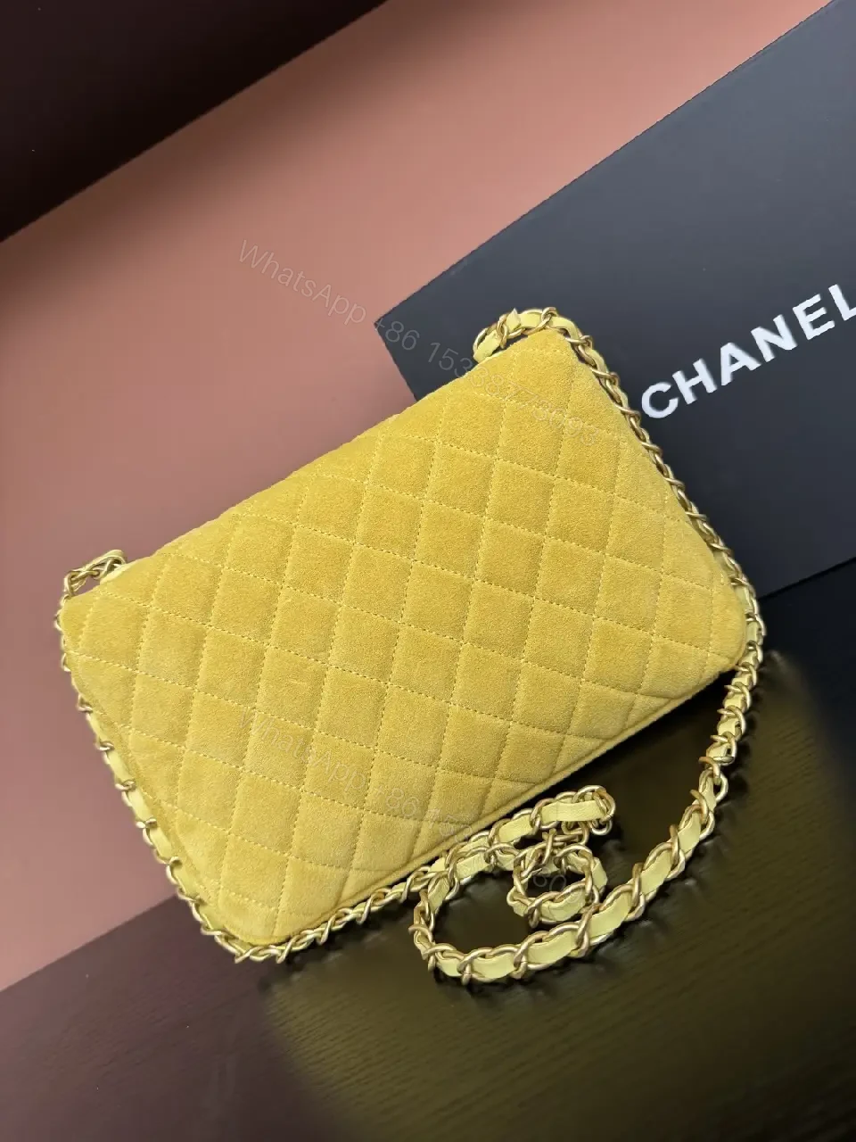 View 6 of Mustard Quilted Mini Flap Bag with Gold Chain