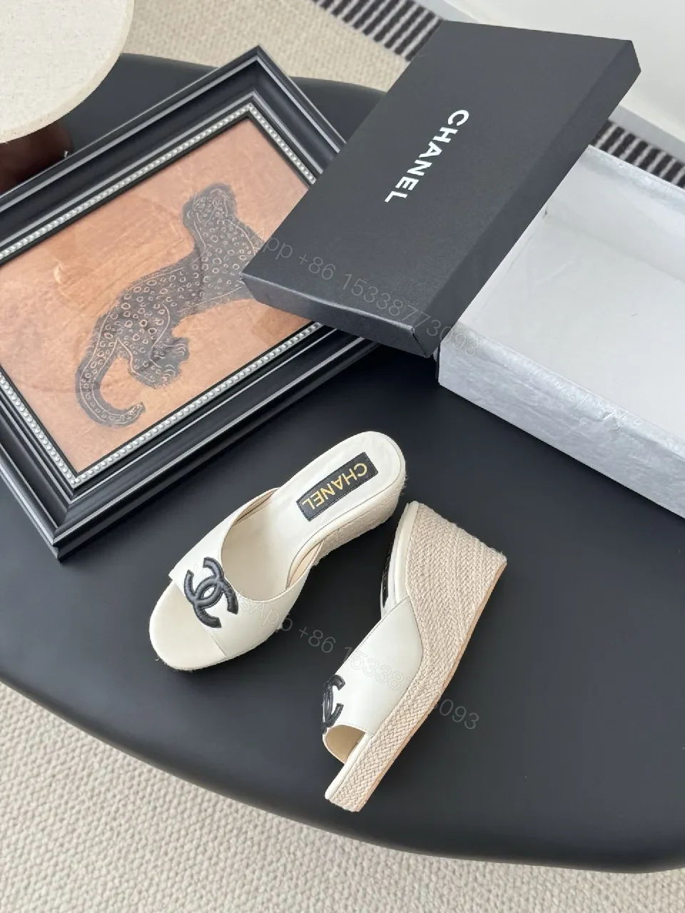 View 4 of Cream Leather Espadrille Mules with Logo Embroidery, Wedge Heel, Open-Toe