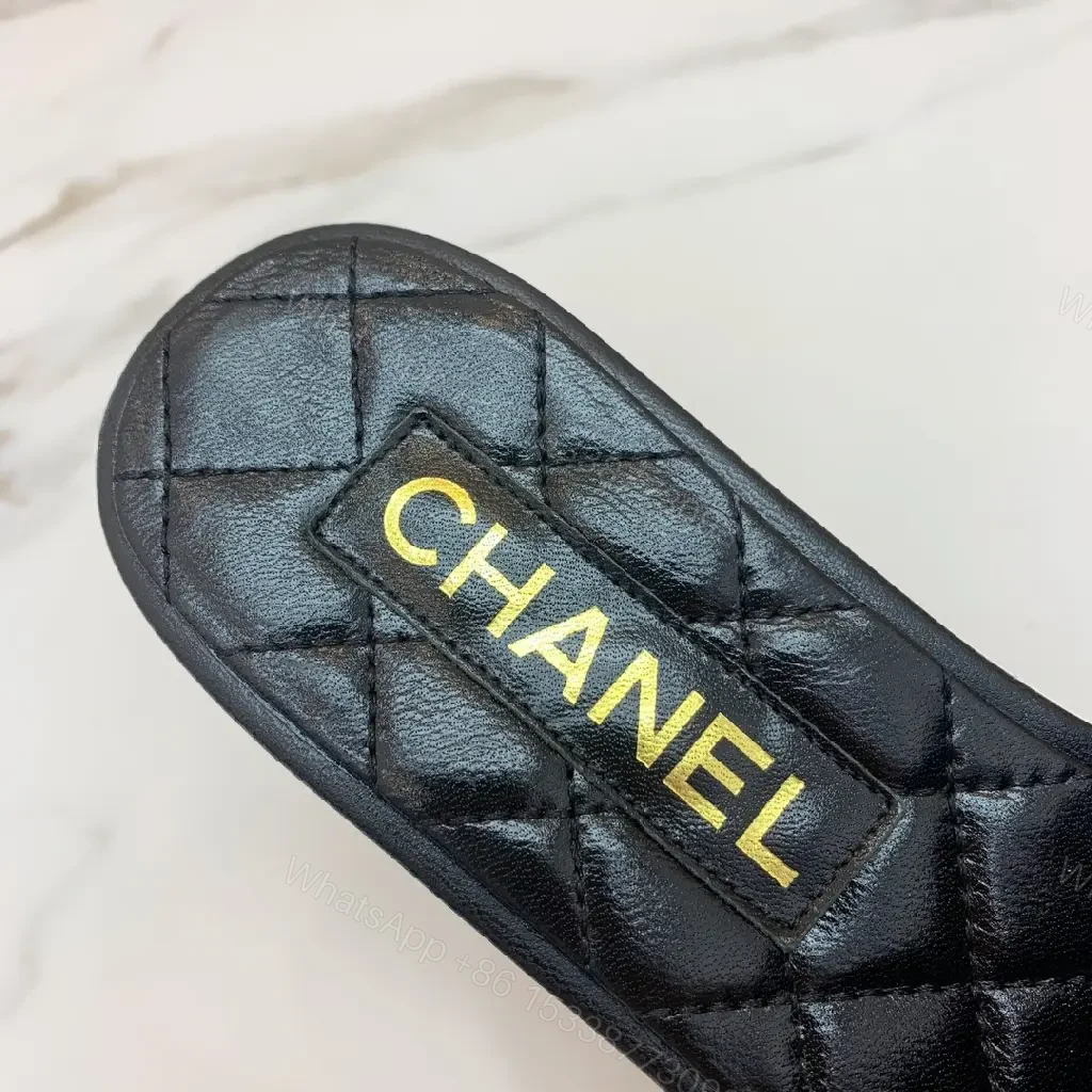 View 9 of Black Tweed Chain Slides Quilted Leather Modern Chanel Logo Sandals