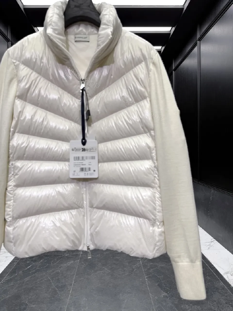 View 3 of Lightweight Off-White Puffer Jacket with Knit Sleeves Fusion