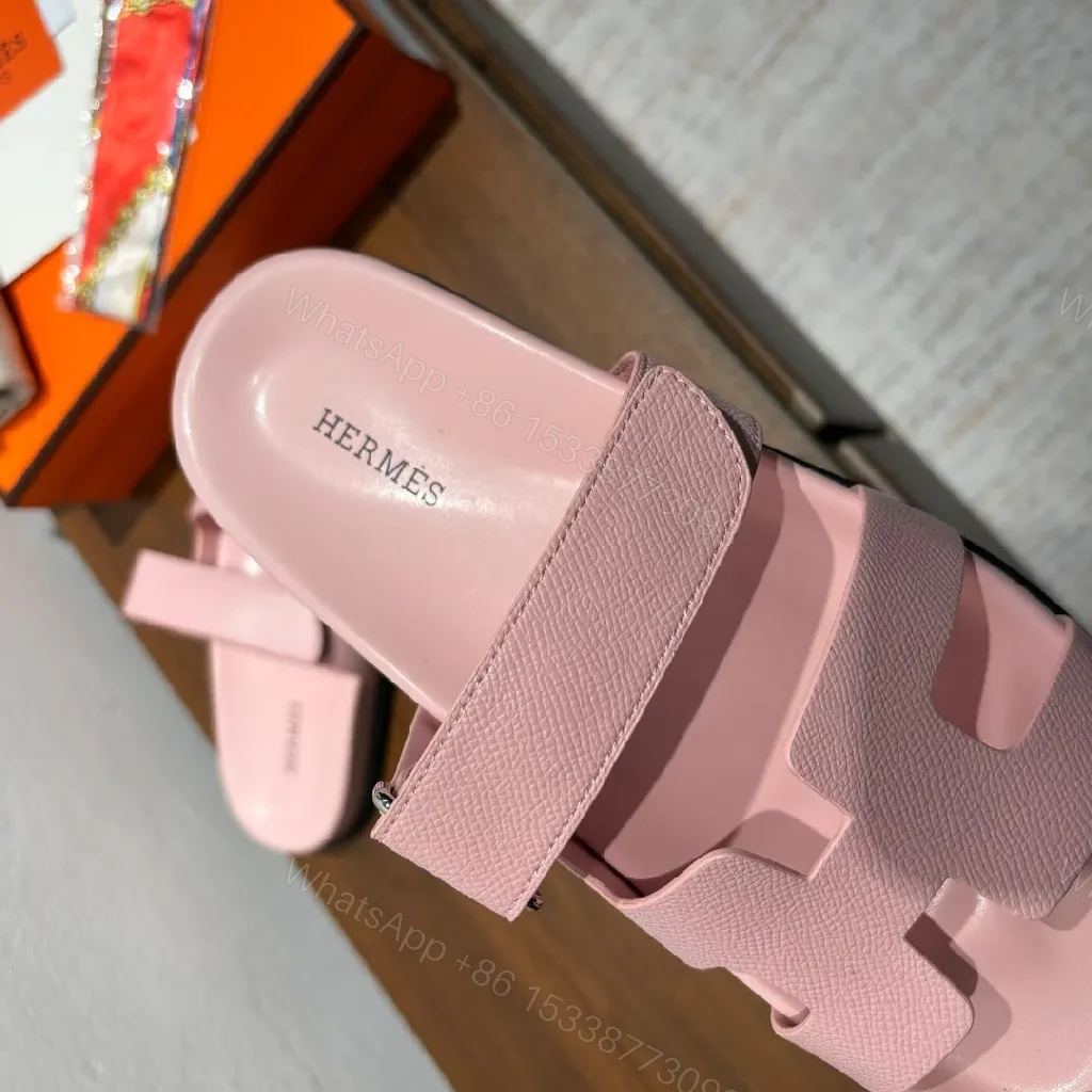 View 2 of Pink Leather Slides with Signature Hardware Luxury Comfort