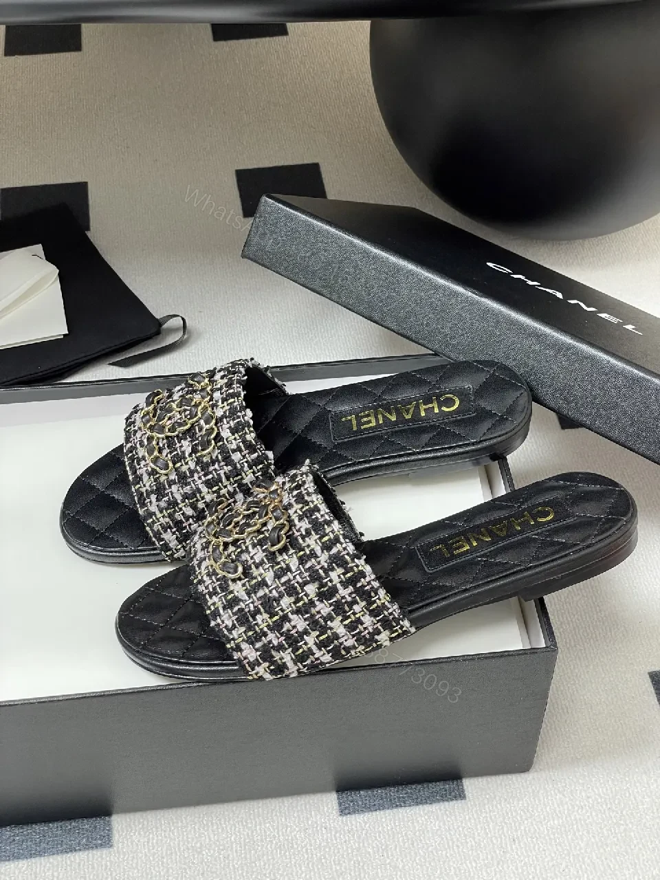 View 2 of Tweed Slide Sandals with Gold Chain Detail, Lux Comfort