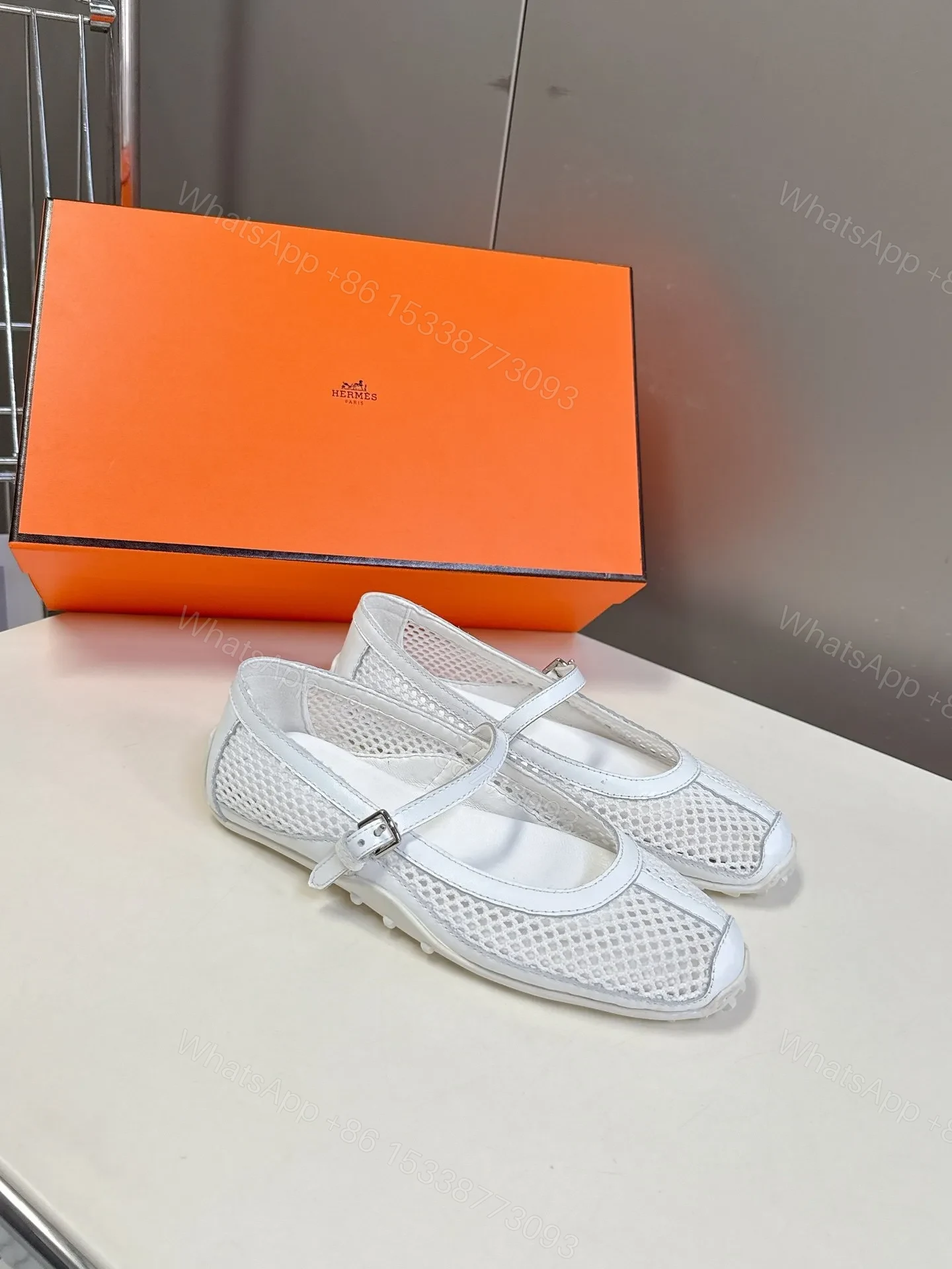 View 5 of Hermes Women White Mesh Leather Mary Jane Flats