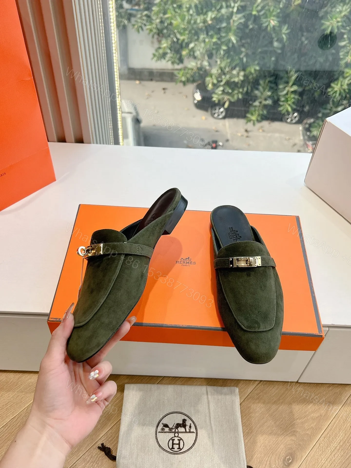 View 6 of Hermes Women Green Suede Mules