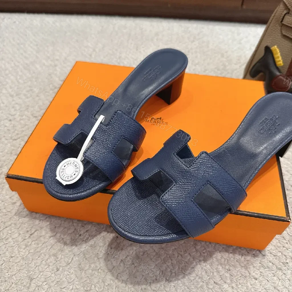 View 2 of Navy Leather Hermès-Inspired Sandals Blue Slide Sandals