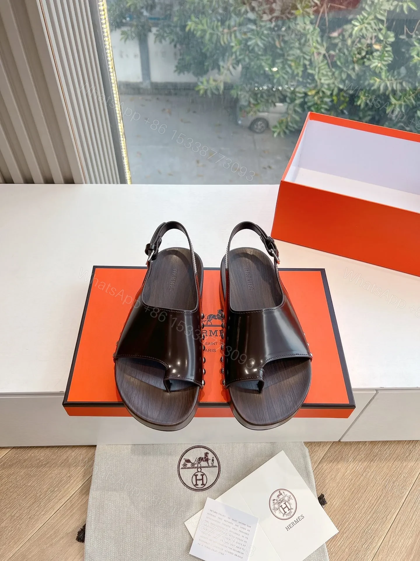 View 5 of Hermes Women Dark Brown Leather Slingback Sandals