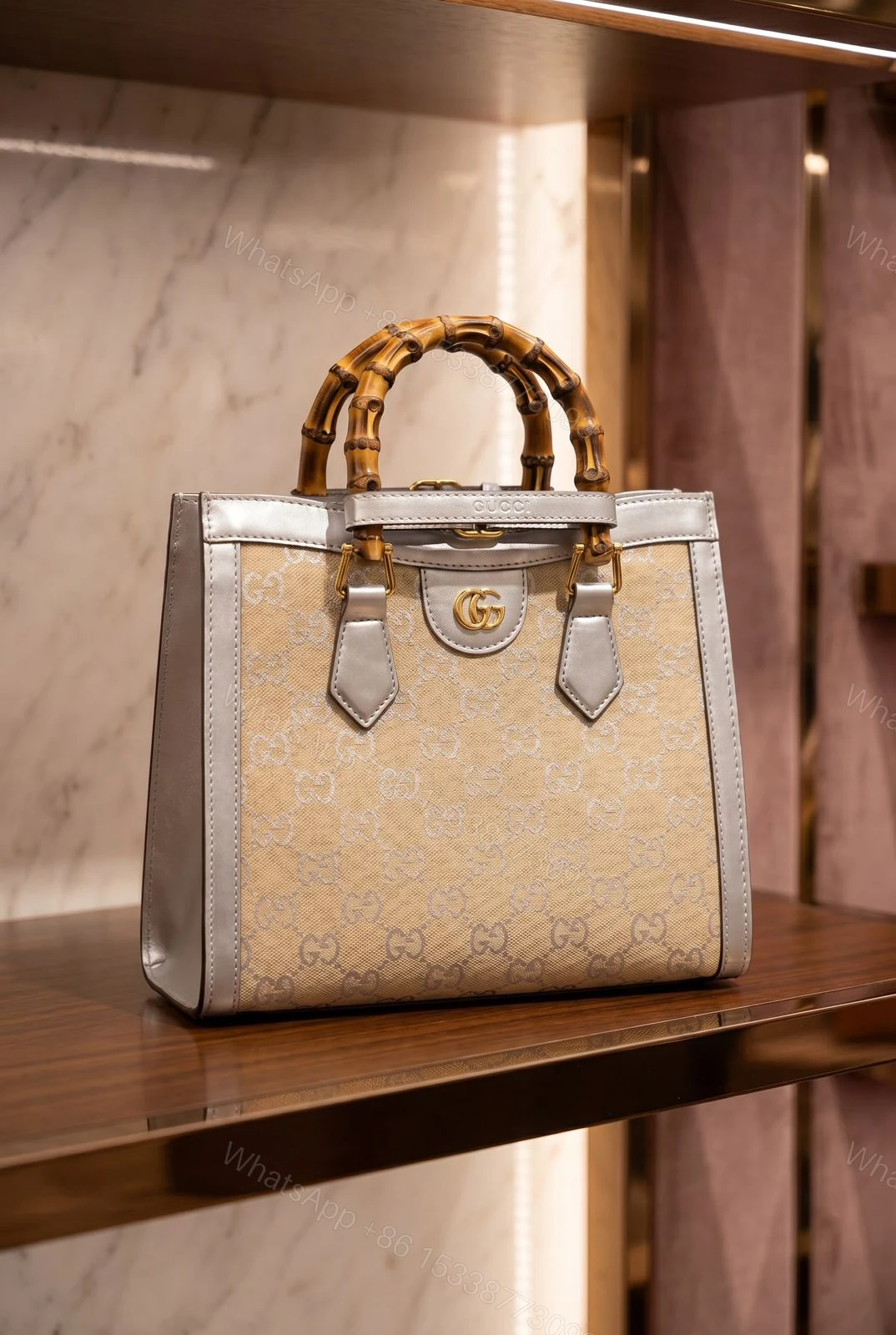 View 4 of Gucci Diana Large Tote Bag GG Canvas Silver Trim Leather First Copy | 12@ AAA+ Replica