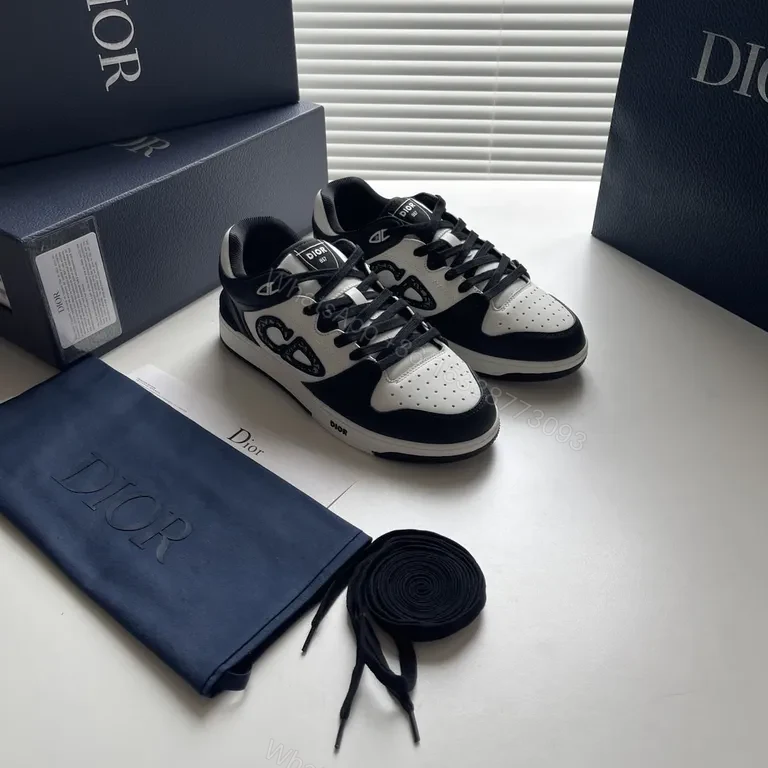 View 4 of Bold Contrast Leather Sneakers - Dior-Detail Black & White High-Impact Shoes