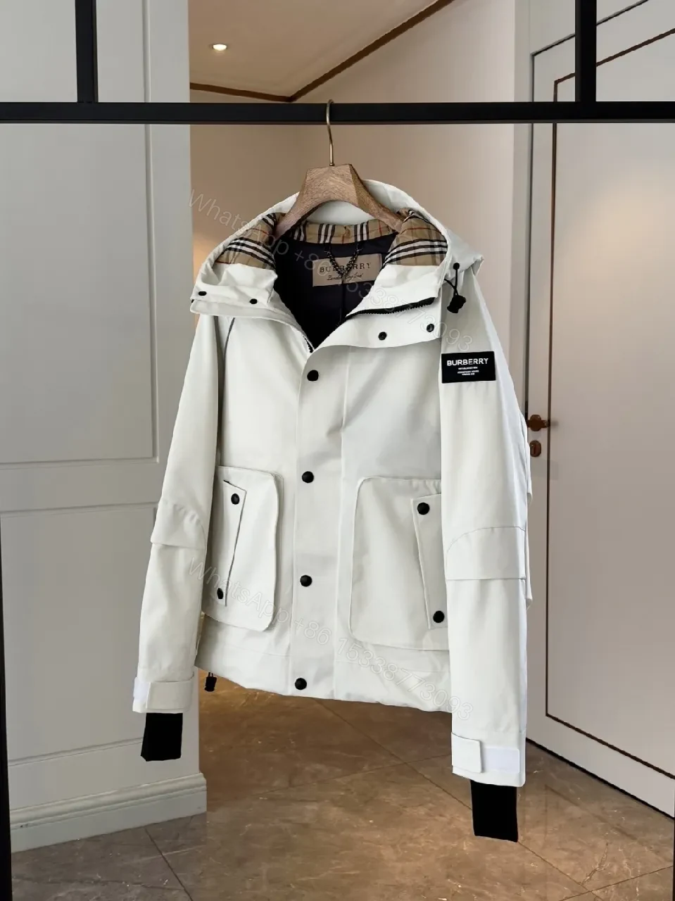 View 4 of White Weatherproof Parka with Leather Trim