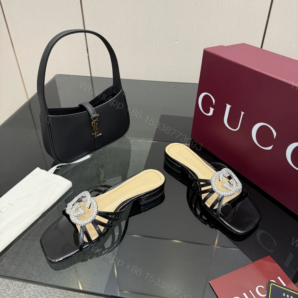 View 5 of Gucci Women Slide With Crystal Interlocking G Black