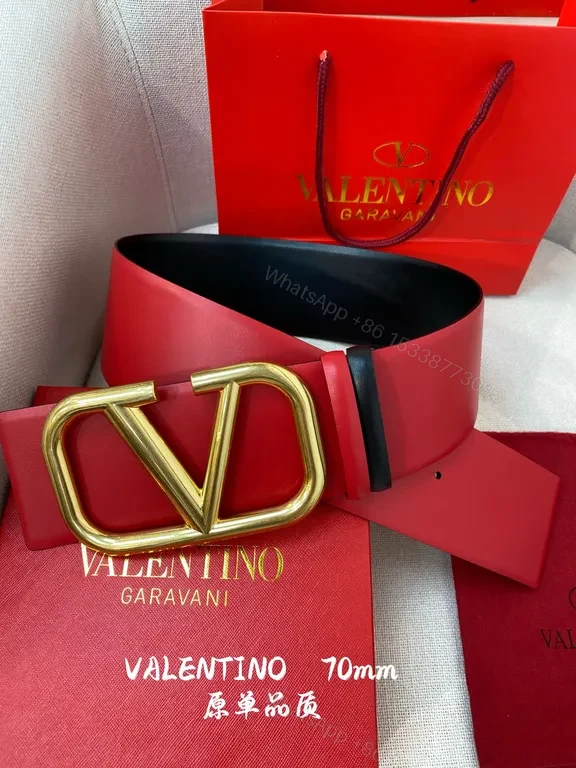 View 6 of Bold Red Belt with Gold V Buckle - Valentino Garavani 70mm Leather Belt
