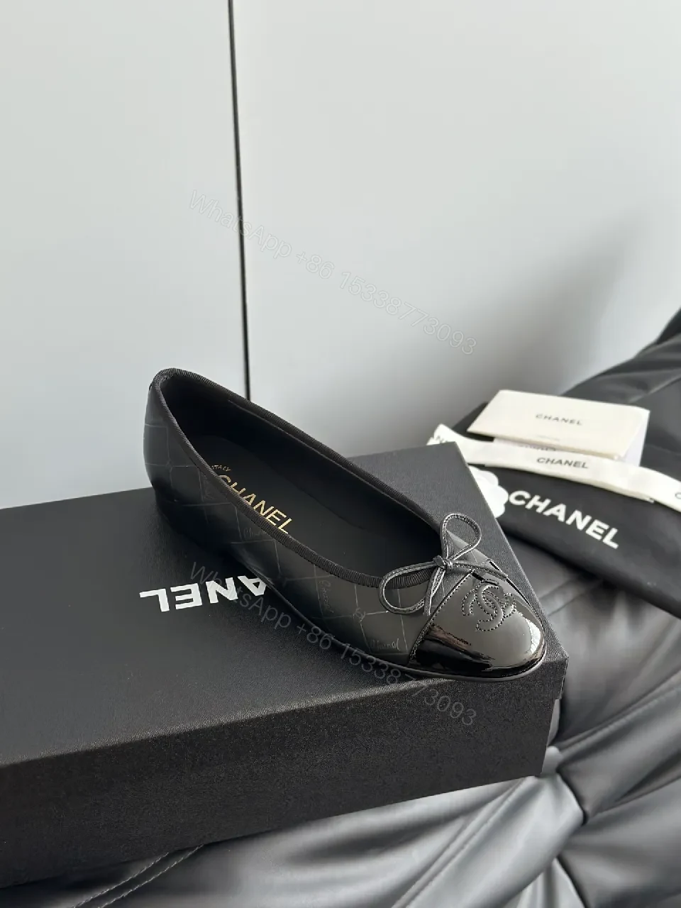 View 8 of Chic Patent Leather Ballet Flats with Bow Accent, Black