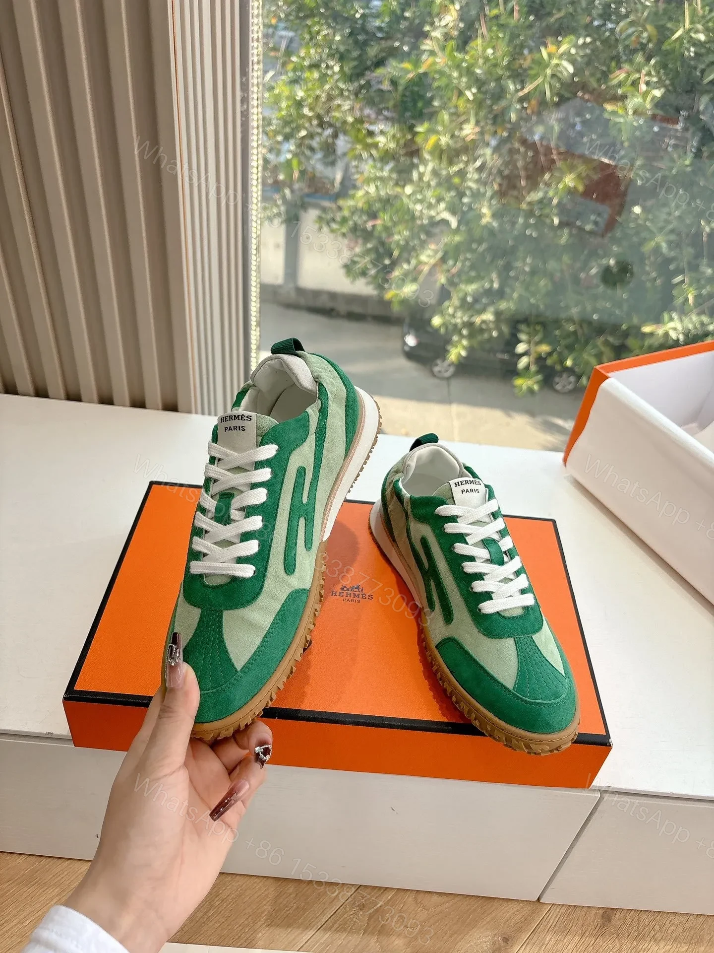 View 6 of Hermes Women Green Suede Canvas Sneakers