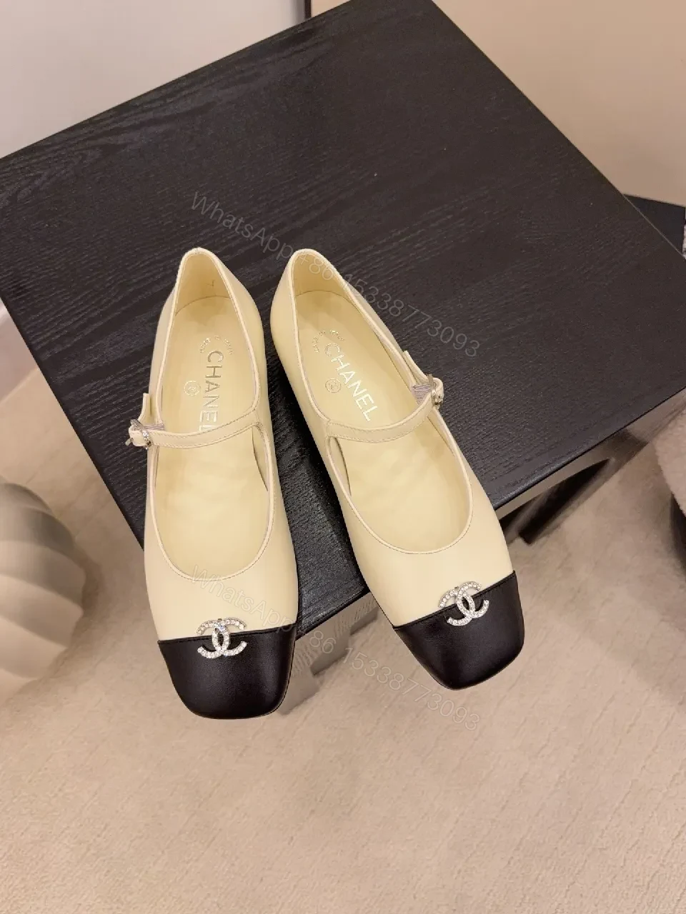 View 3 of Two-Tone Mary Jane Flats with Logo Hardware, Elegant Everyday Footwear
