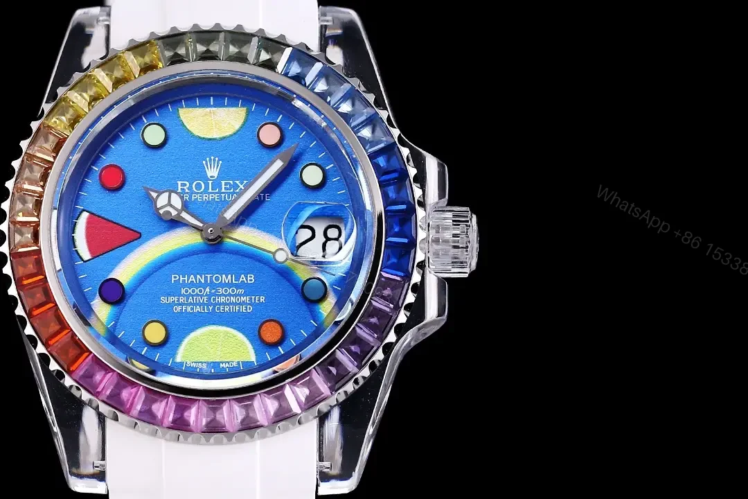 View 2 of Rolex Submariner Phantom Blue Dial Rainbow Crystal Edition White Strap 40mm RG-SUB-PHANTOM-BLUE-CARTOON
