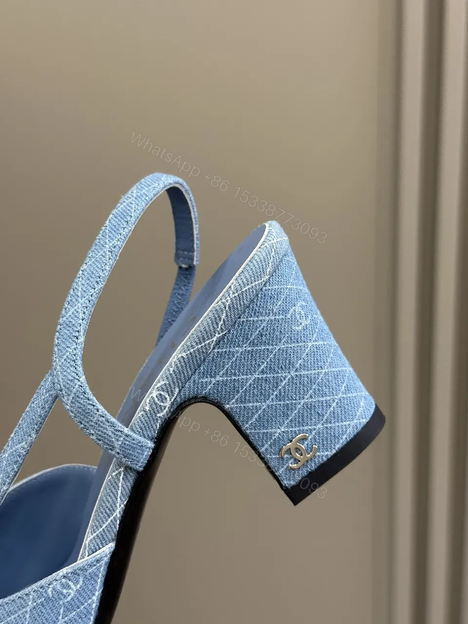 View 6 of Denim Slingback Heels: Geometric Stitching, Mid-Block Heel