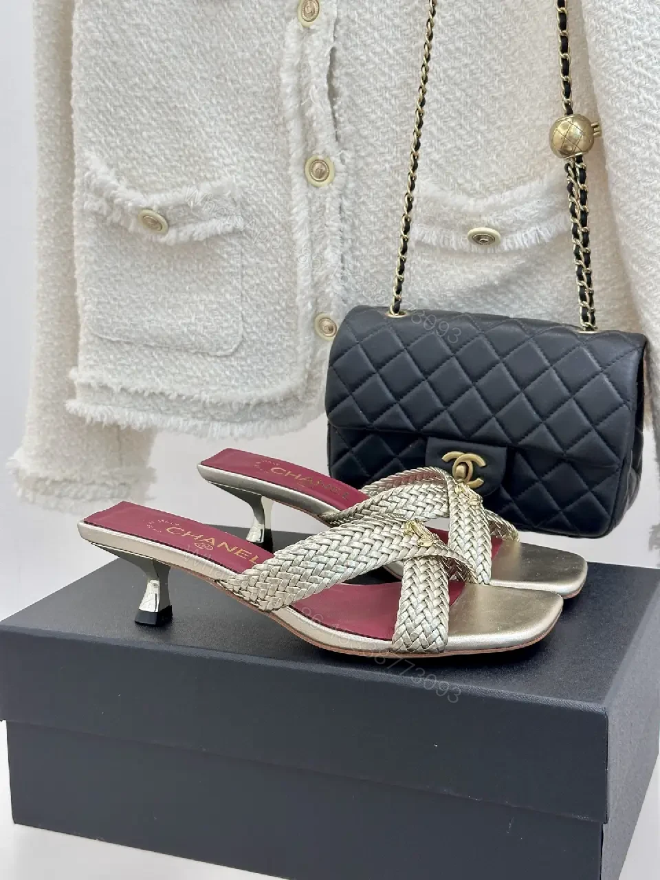 View 7 of Pink Red Metallic Sandal Signature Twist Chanel Shoes