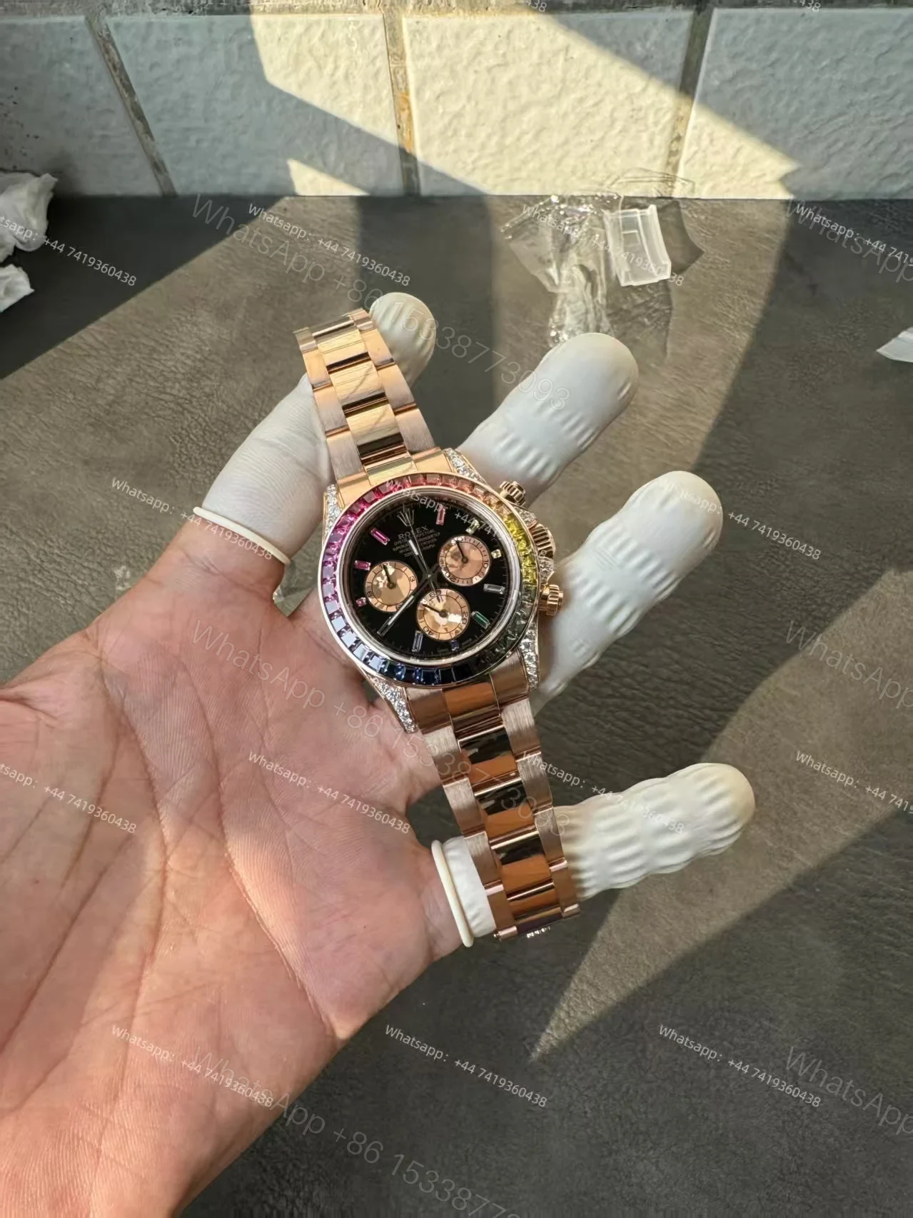 View 2 of Rolex Super Clone Rainbow Daytona 1:1 Replica Watch – 18K Rose Gold