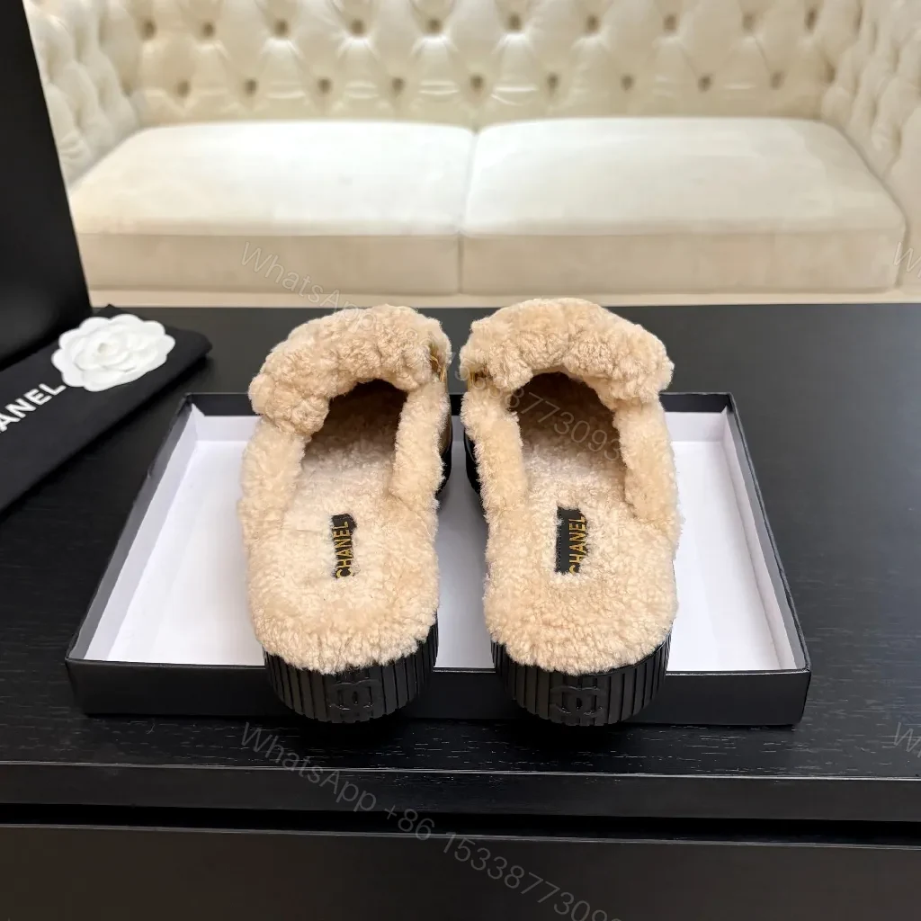 View 3 of Chic Shearling Mules: Gold Logo Slip-Ons, Camel Suede