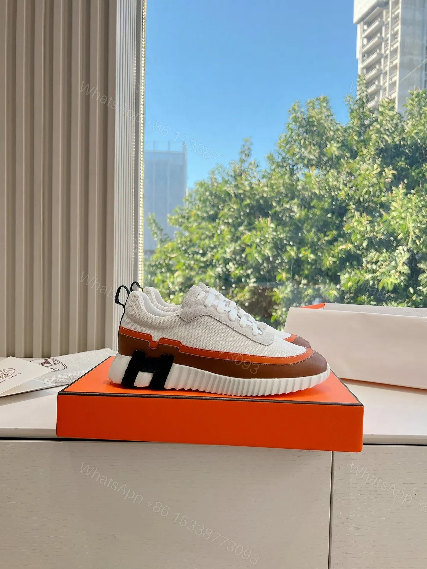 View 2 of Hermes Women White Brown Leather Mesh Sneakers
