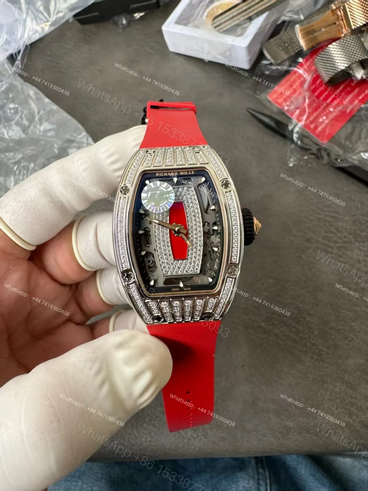 Super Clone Richard Mille RM 07 Full Diamond 1:1 Replica Watch with Red Rubber Strap — view 1