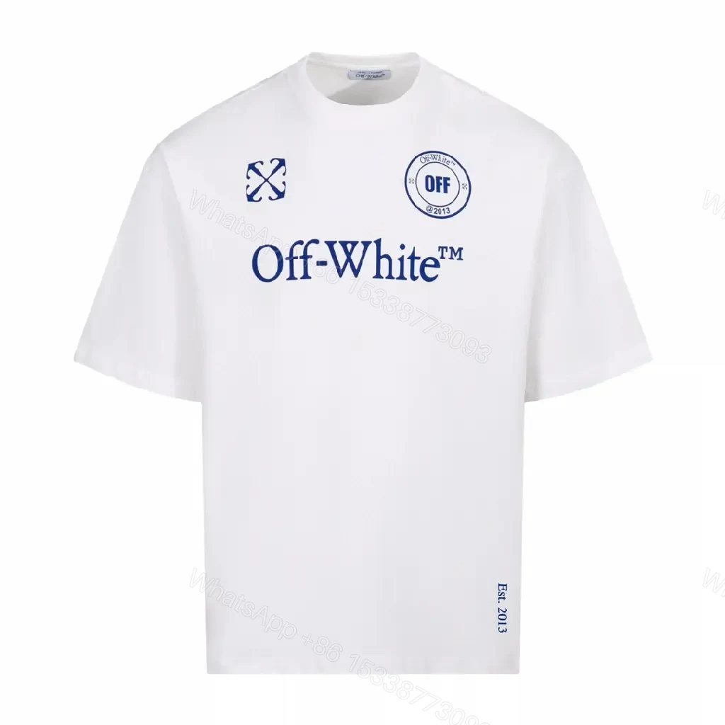 View 2 of White Cotton Casual Graphic Tee Large Centered “Off-White” Logo T-Shirt
