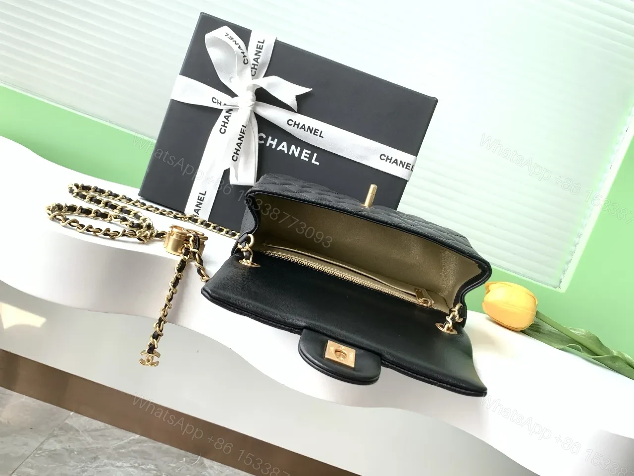 View 8 of Quilted Black Leather Crossbody, Gold Hardware, Luxury