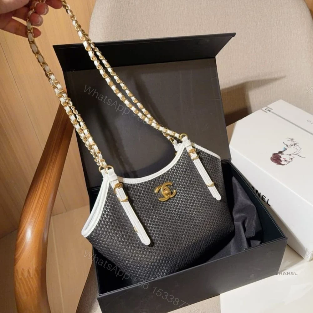 View 2 of Chanel Small Shopping Bag Braided Raffia Black And White 18Cm