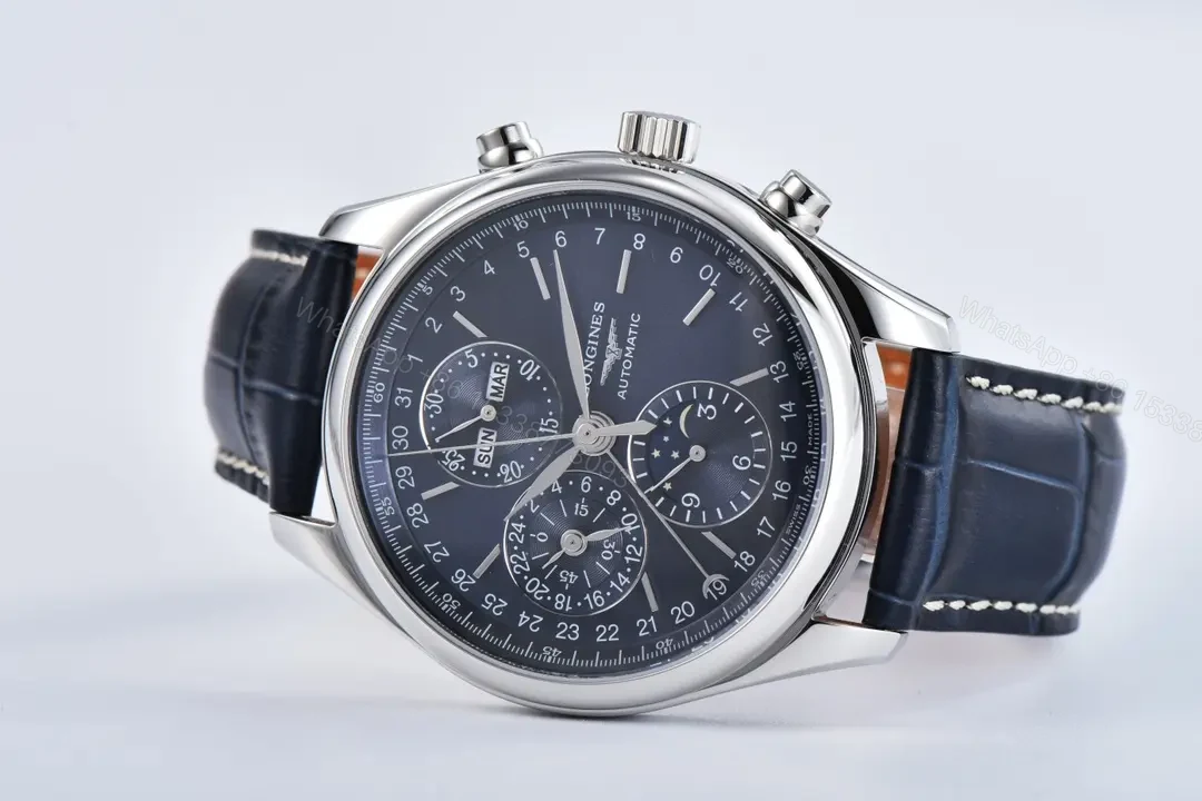 View 5 of Longines Master Collection Moonphase Chronograph Watch 42mm Blue Dial Stainless Steel Case Leather Strap