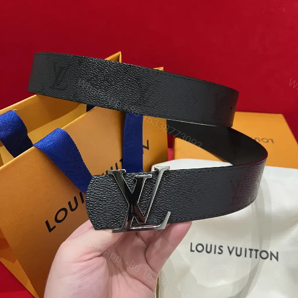 View 2 of Black Leather Belt Luxury Wide with Silver LV Buckle