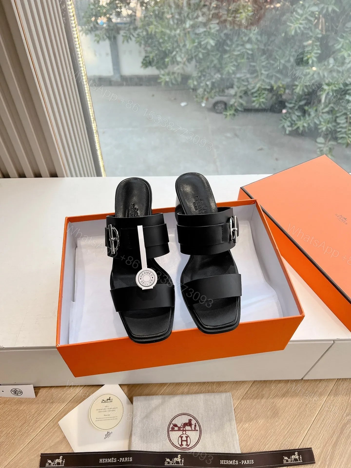 View 3 of Hermes Women Black Leather Buckle Mules