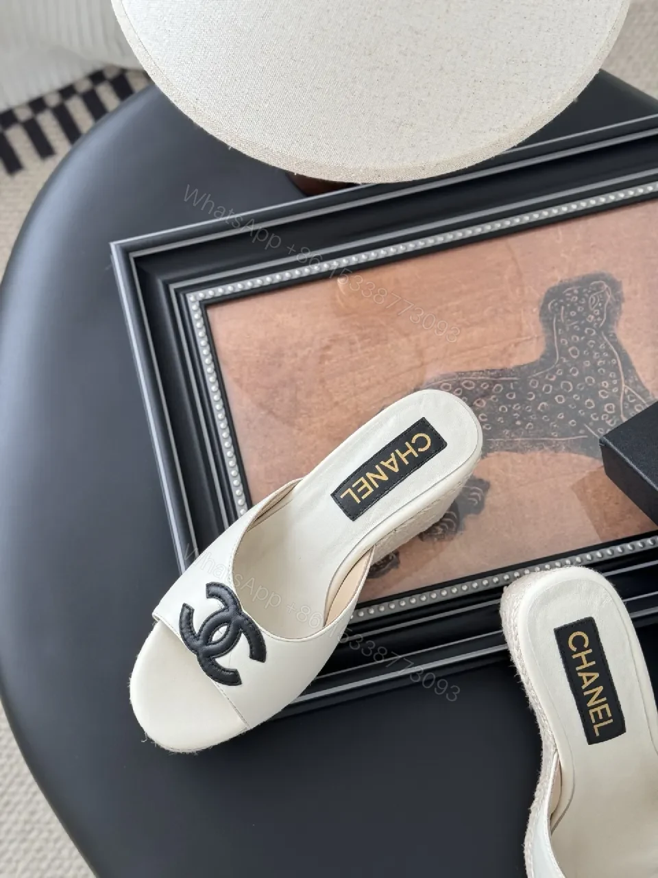 View 8 of Cream Leather Espadrille Mules with Logo Embroidery, Wedge Heel, Open-Toe