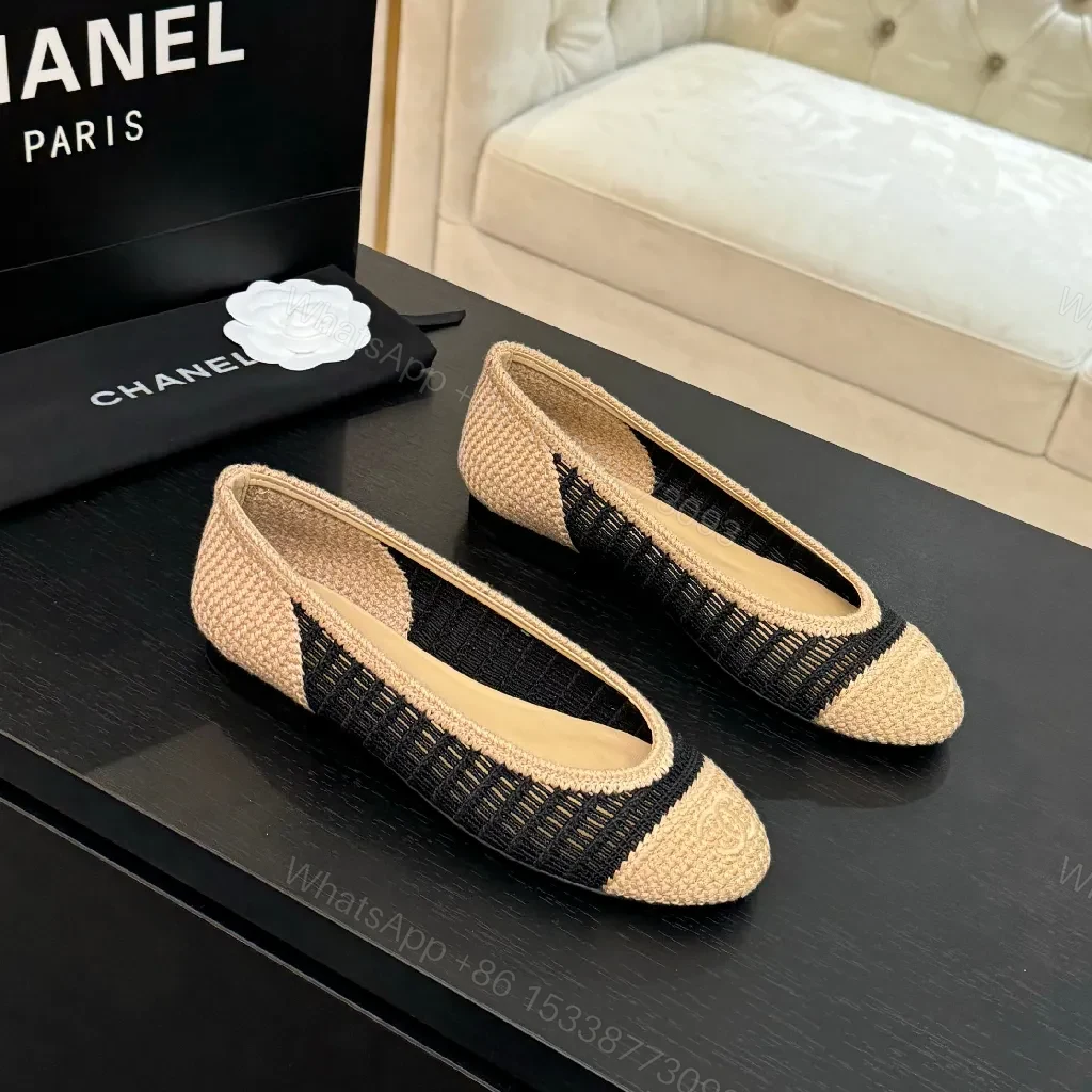 View 7 of Black knit + Linen beige + Chanel-inspired + Signature cap toe + Espadrille flats