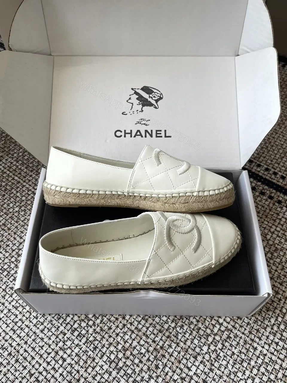 View 7 of Textured White Espadrille Loafers: Quilted Leather & Jute Sole