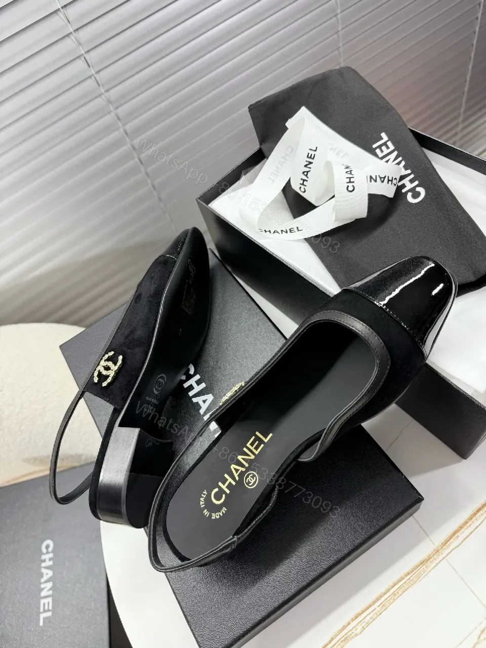 View 4 of Black Satin Slingback Mule with Patent Toe Cap - Elegant Everyday Luxury