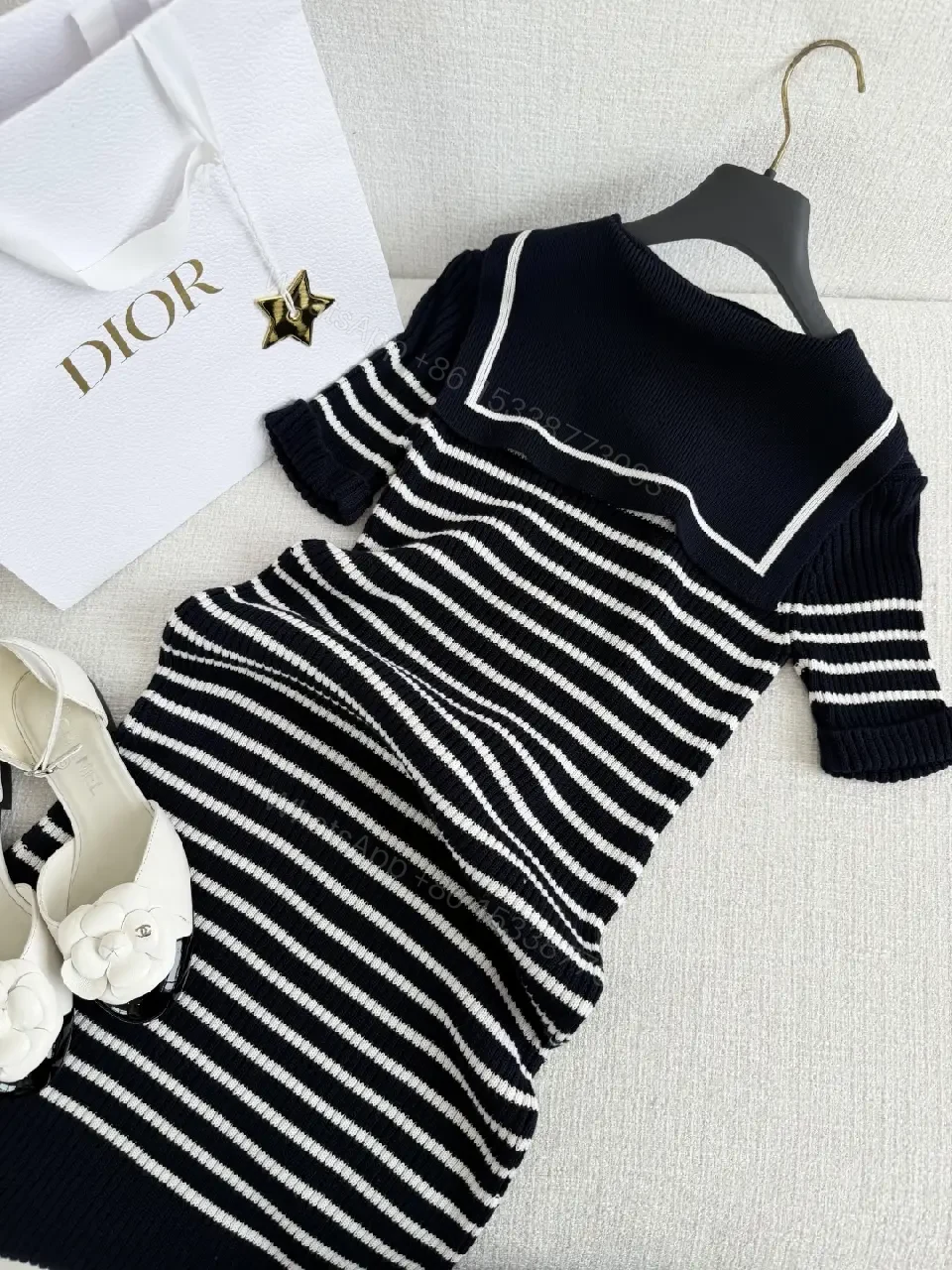 View 6 of Navy White Striped Knit Dress with Bow Tie - Dior-inspired