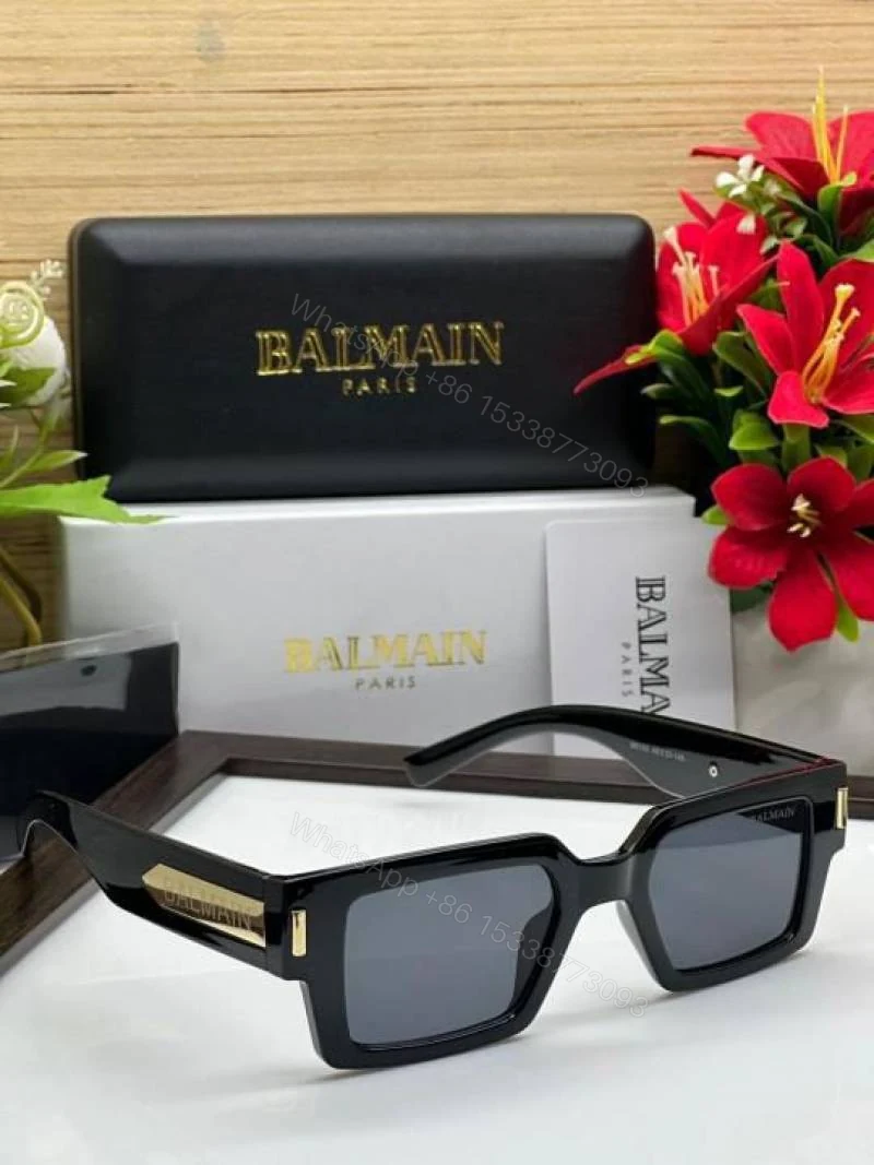 View 2 of First Copy Balmain Black Rectangle Sunglasses Gold Logo Unisex UV Protection