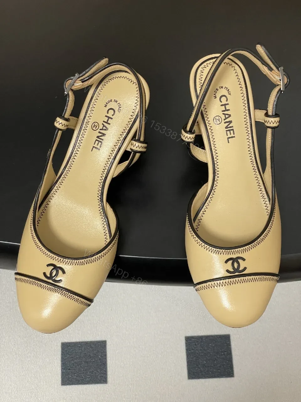View 4 of Neutral Slingback Heels in Leather with Zigzag Stitching