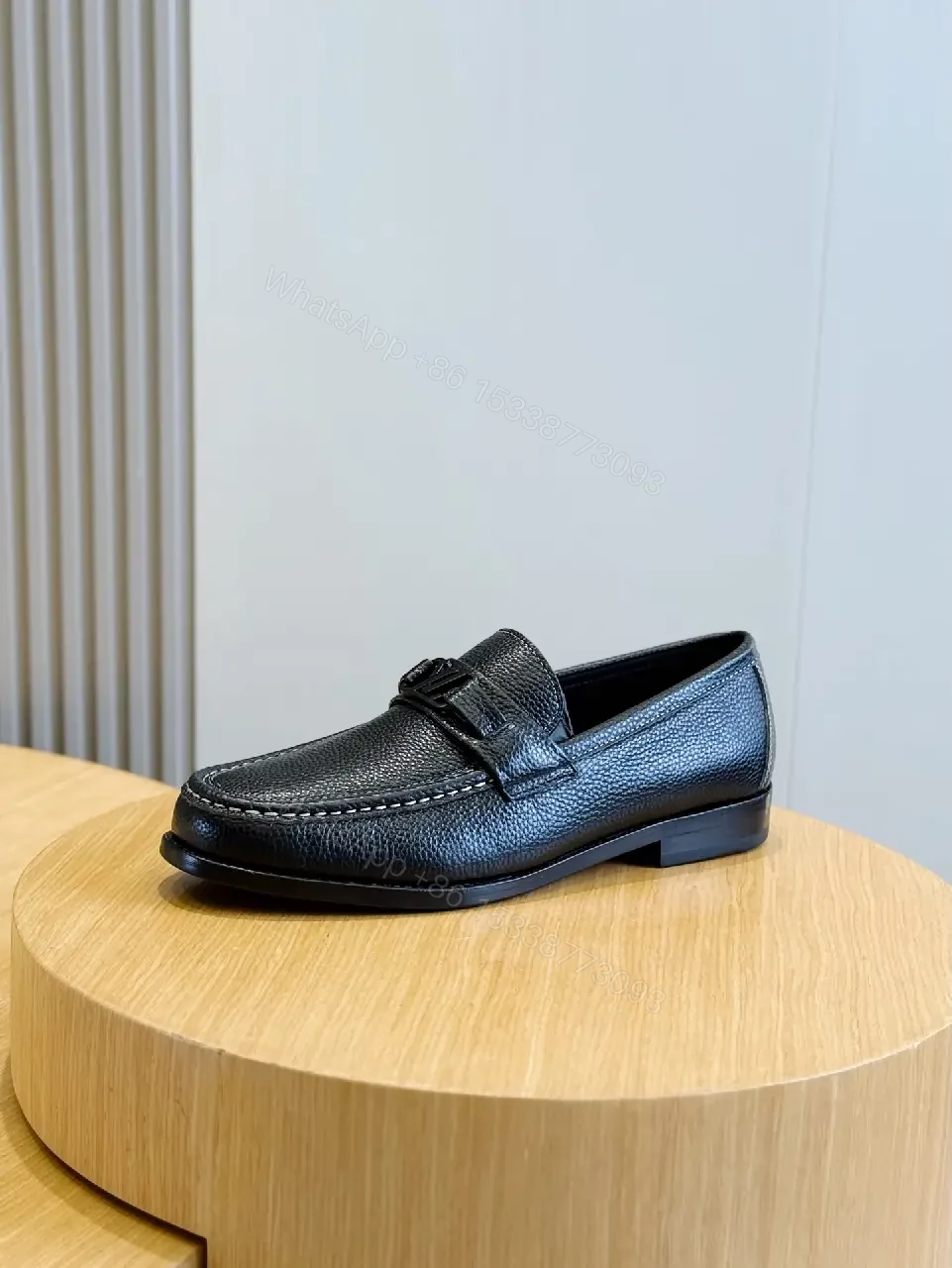 View 8 of Black Leather Loafers Louis-like Logo Comfort Slip-ons