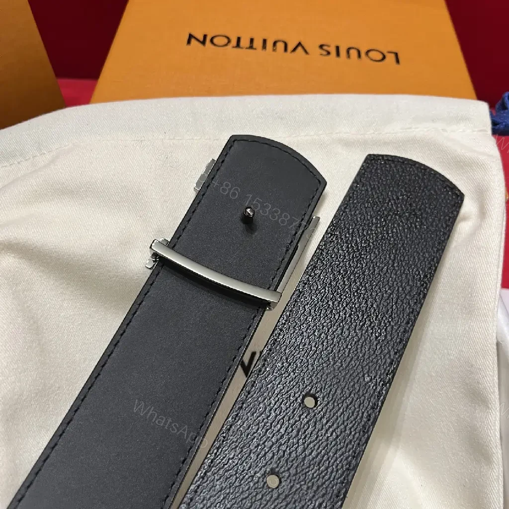 View 4 of Black Leather Belt Luxury Wide with Silver LV Buckle