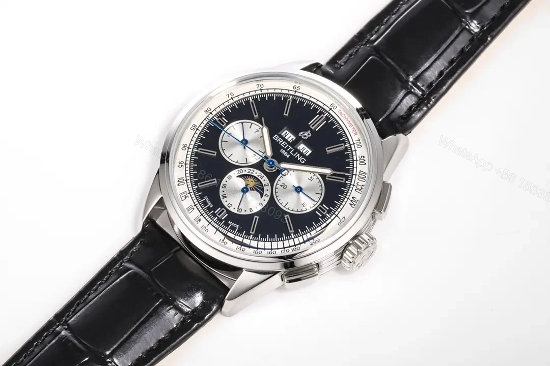 View 4 of OM Factory Breguet Classique Complications Perpetual Calendar Watch – Blue Dial with Black Leather Strap