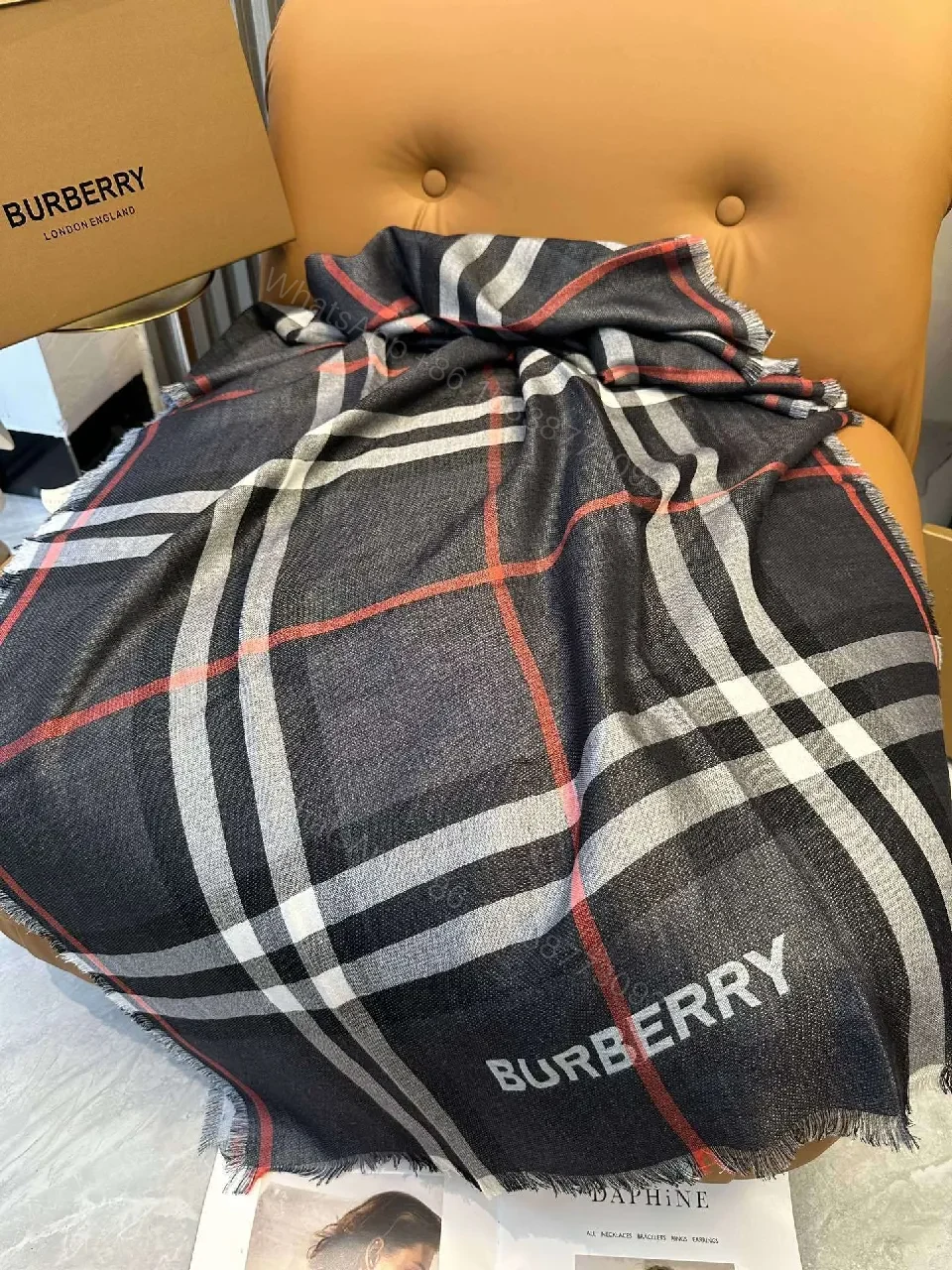 View 5 of Charcoal Plaid Wool-Blend Scarf with Fringe Detailing
